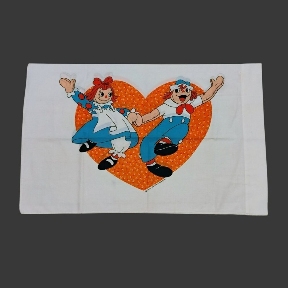 Vintage Raggedy Ann and Andy Standard Pillowcase 1980 Retro Orange Heart Design
